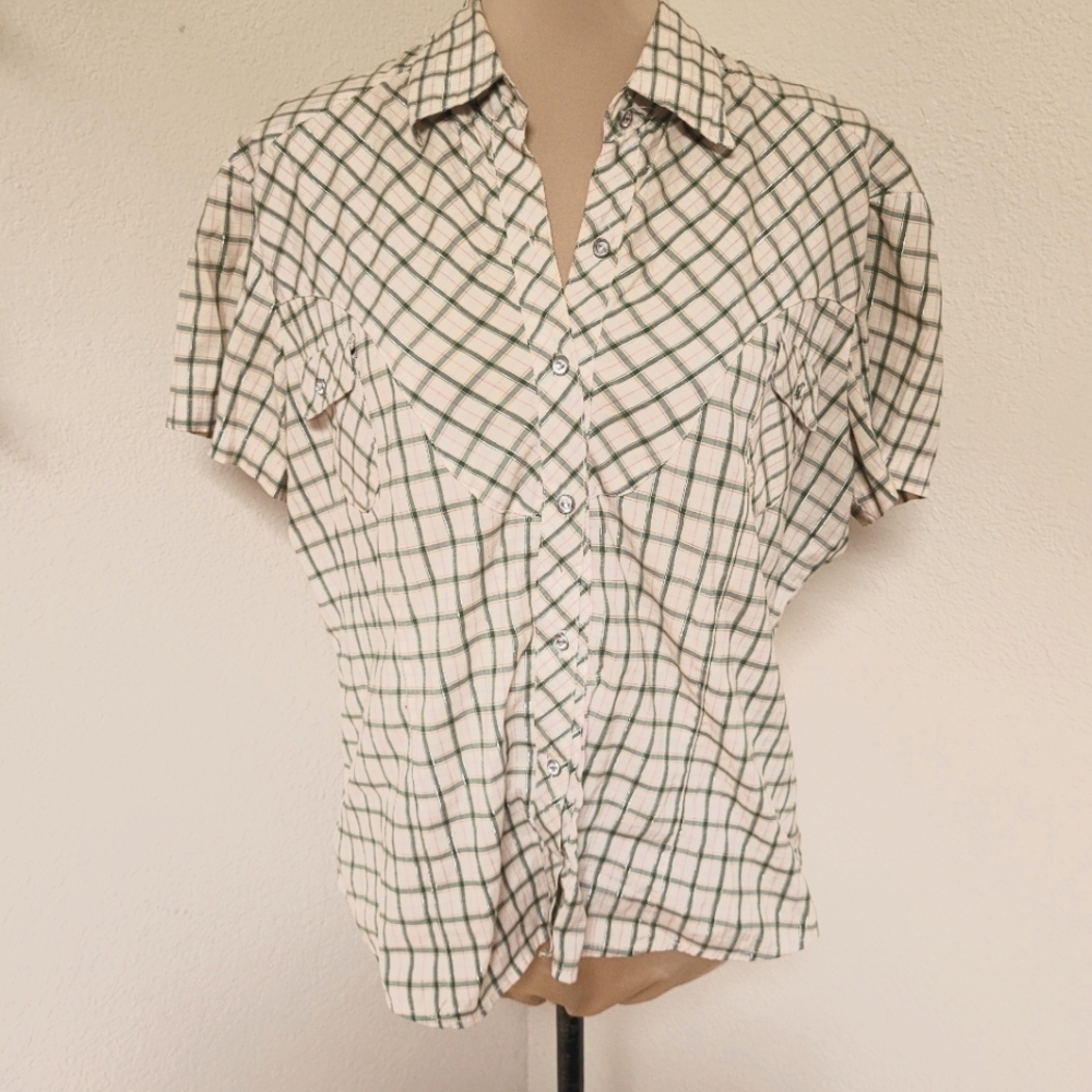 Mai Mai Green And White Plaid Western Shirt with Rhinestone Buttons